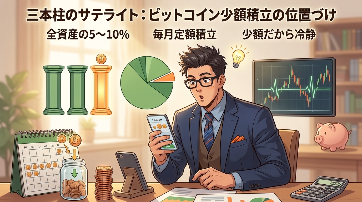 100円から始まる未来について全資産の5〜10%や毎月定額積立や少額だから冷静などの要素を描いたイラスト