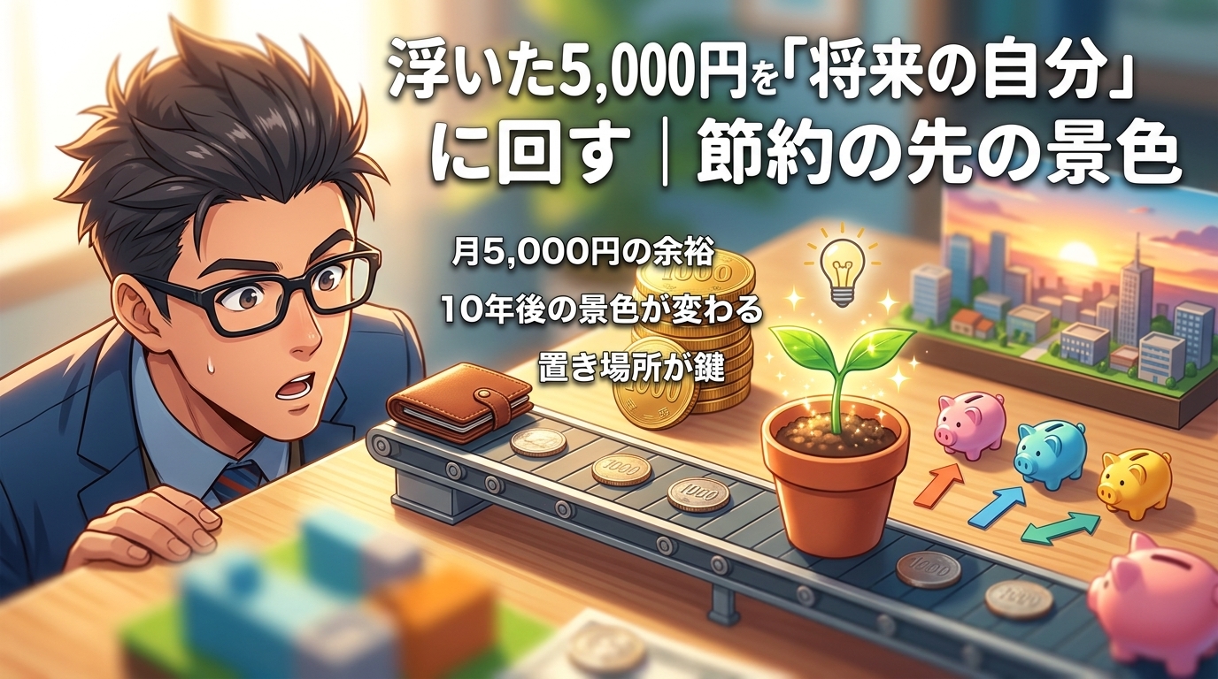 5,000円の行き先について月5,000円の余裕や10年後の景色が変わるや置き場所が鍵などの要素を描いたイラスト