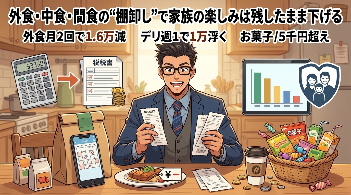 楽しみは残して減らすについて外食月2回で1.6万減やデリ週1で1万浮くやお菓子月5千円超えなどの要素を描いたイラスト