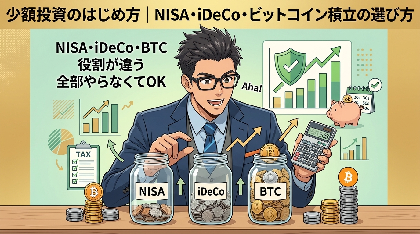 最初の一歩の選び方についてNISA・iDeCo・BTCや役割が違うや全部やらなくてOKなどの要素を描いたイラスト