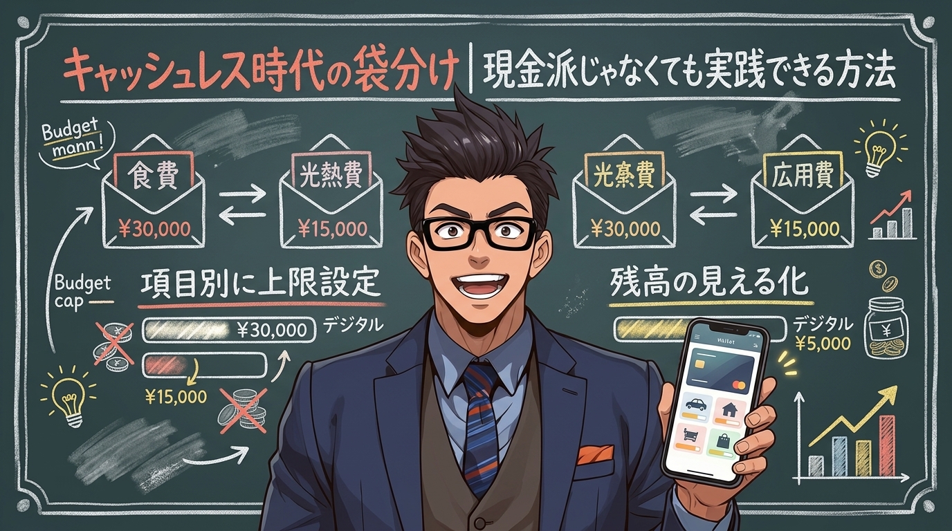 袋分けに現金はいらないについて項目別に上限設定や残高の見える化などの要素を描いたイラスト