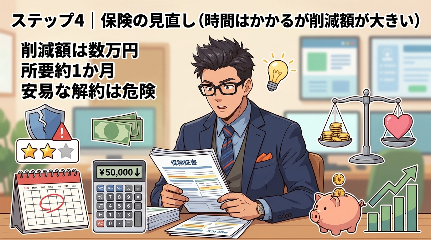 保険、放置してない?について削減額は数万円や所要約1か月や安易な解約は危険などの要素を描いたイラスト