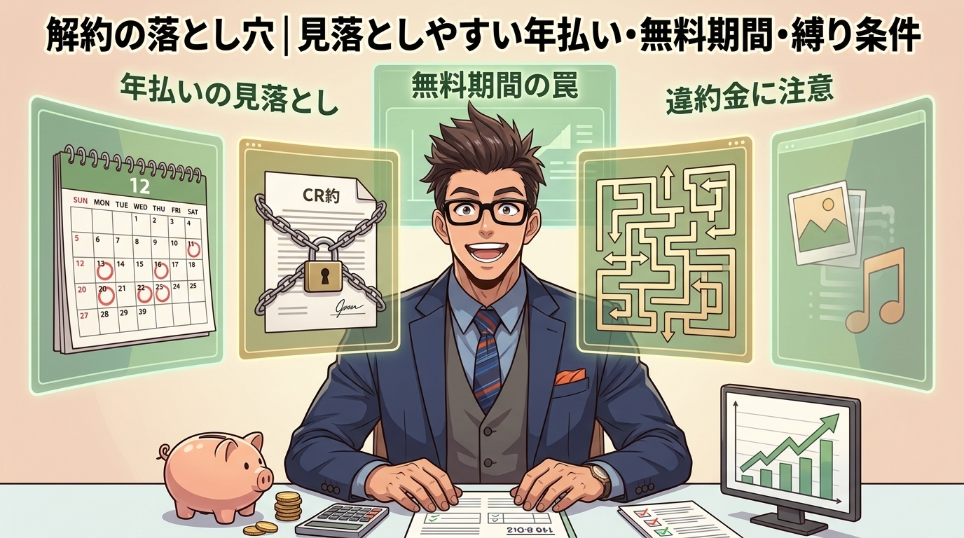 その解約、まだ間に合いますか?について年払いの見落としや無料期間の罠や違約金に注意などの要素を描いたイラスト