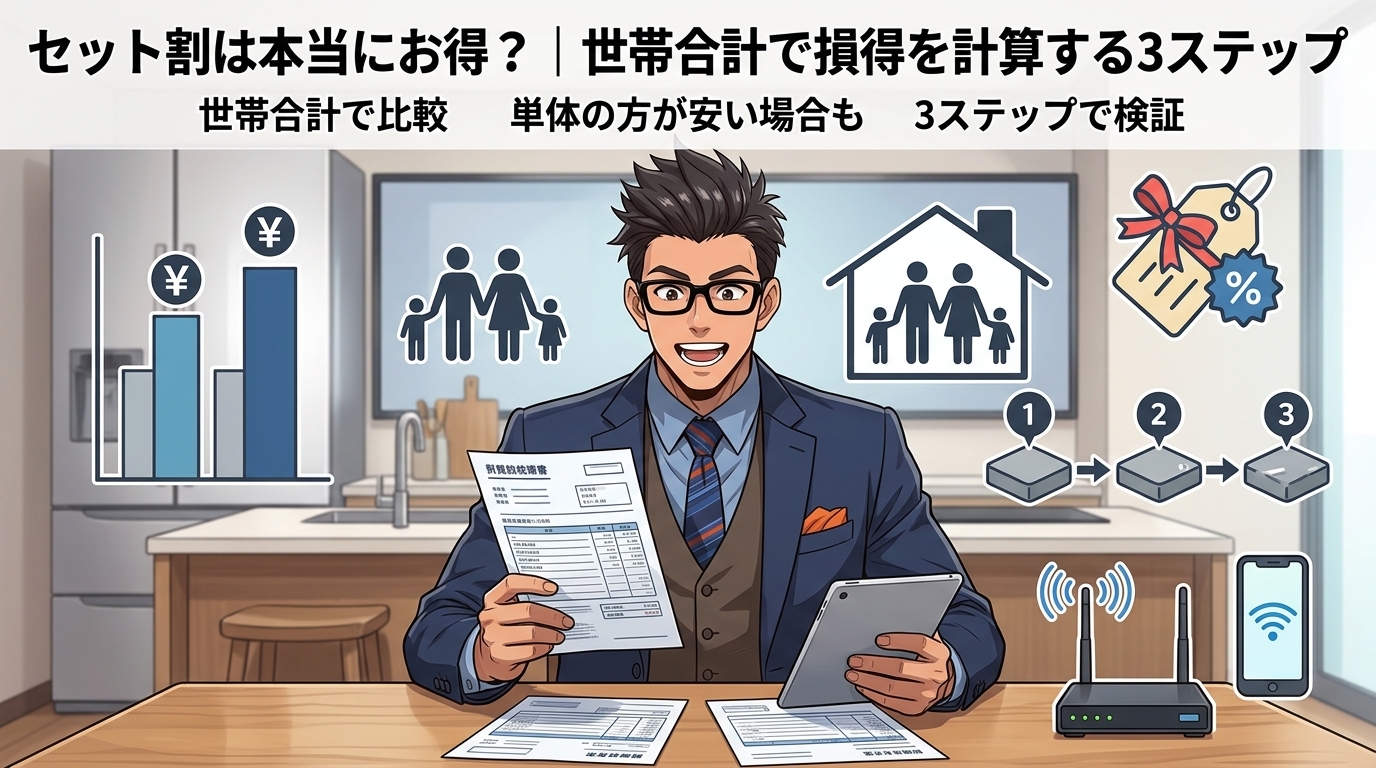 セット割の落とし穴について世帯合計で比較や単体の方が安い場合もや3ステップで検証などの要素を描いたイラスト