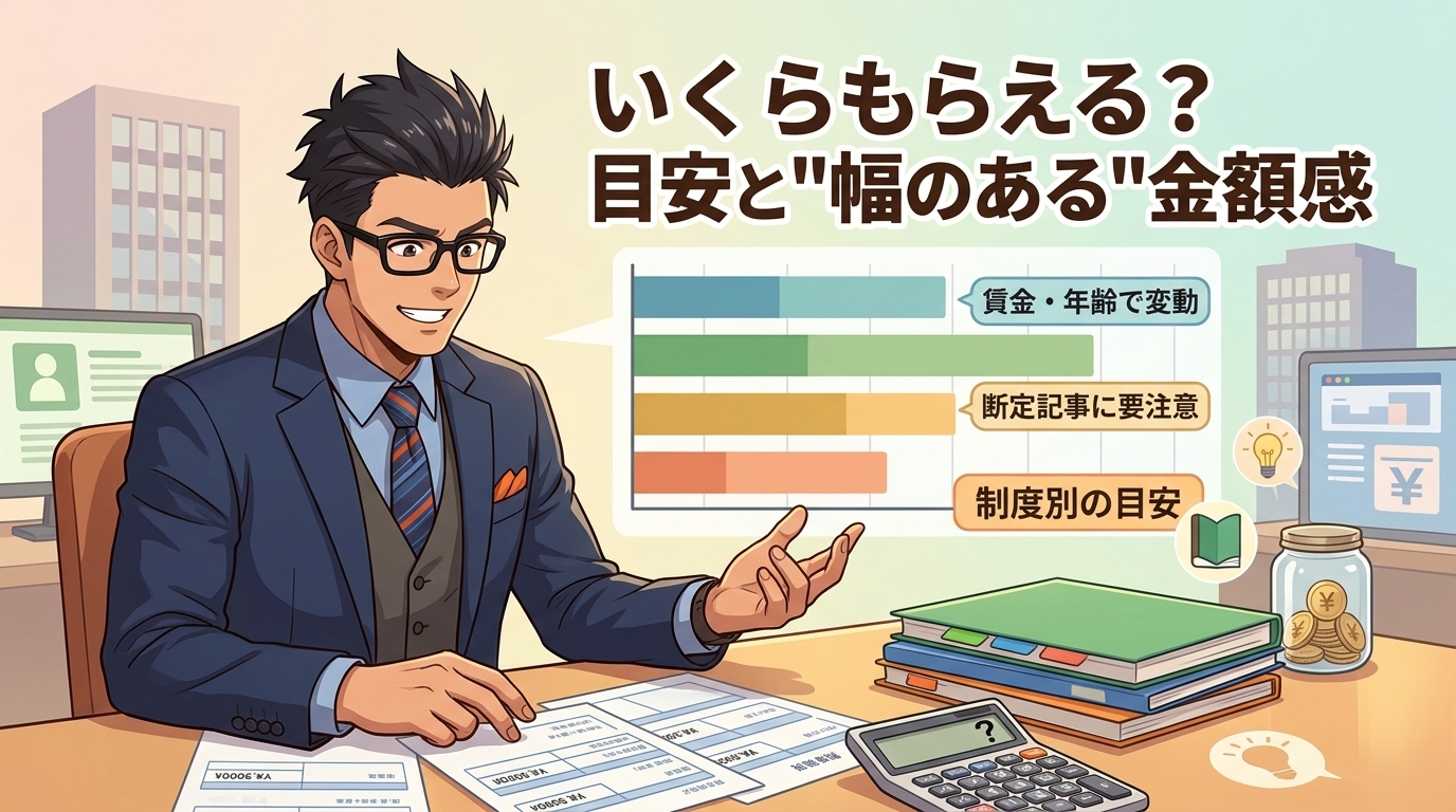 金額は人それぞれについて賃金・年齢で変動や断定記事に要注意や制度別の目安などの要素を描いたイラスト