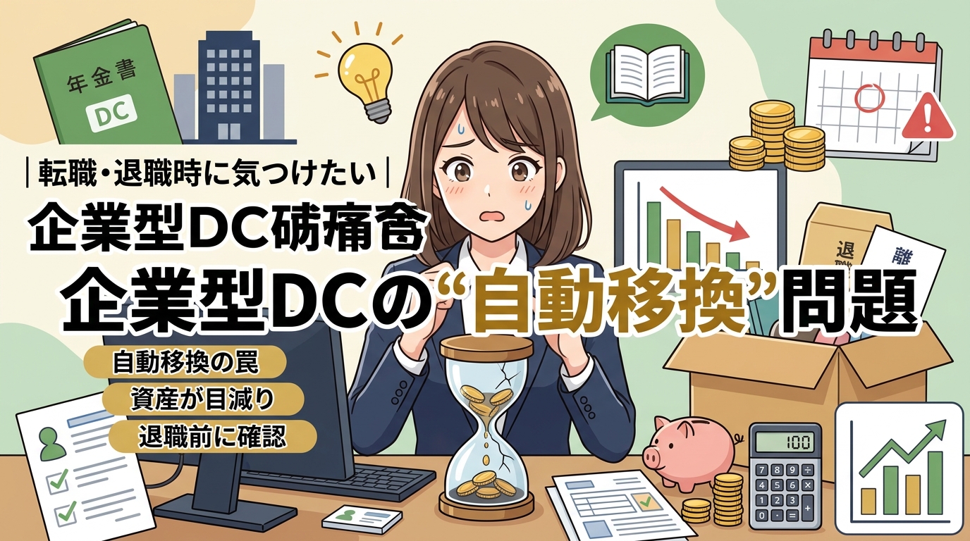 放置すると減る年金について自動移換の罠や資産が目減りや退職前に確認などの要素を描いたイラスト