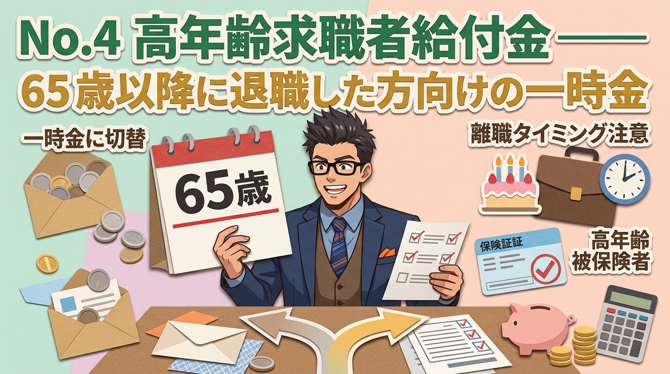 65歳の分岐点について一時金に切替や離職タイミング注意や高年齢被保険者などの要素を描いたイラスト