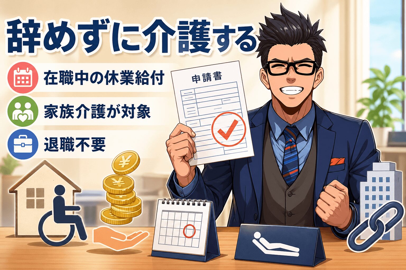 辞めずに介護するについて在職中の休業給付や家族介護が対象や退職不要などの要素を描いたイラスト