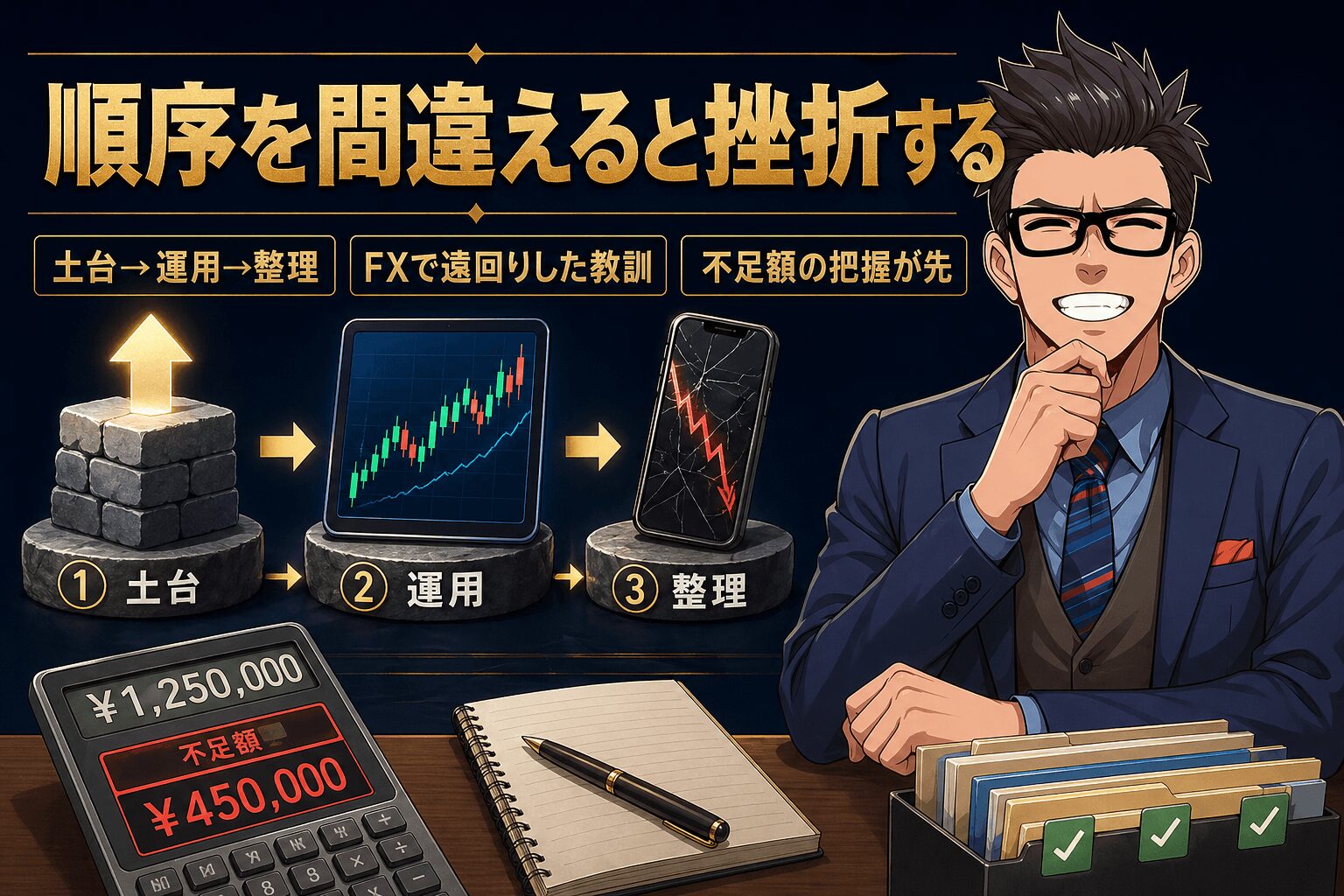 順序を間違えると挫折するについて土台→運用→整理やFXで遠回りした教訓や不足額の把握が先などの要素を描いたイラスト
