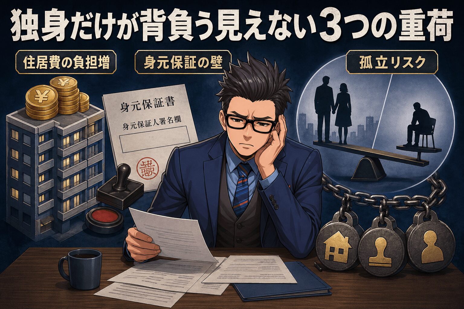 独身だけが背負う見えない3つの重荷について住居費の負担増や身元保証の壁や孤立リスクなどの要素を描いたイラスト
