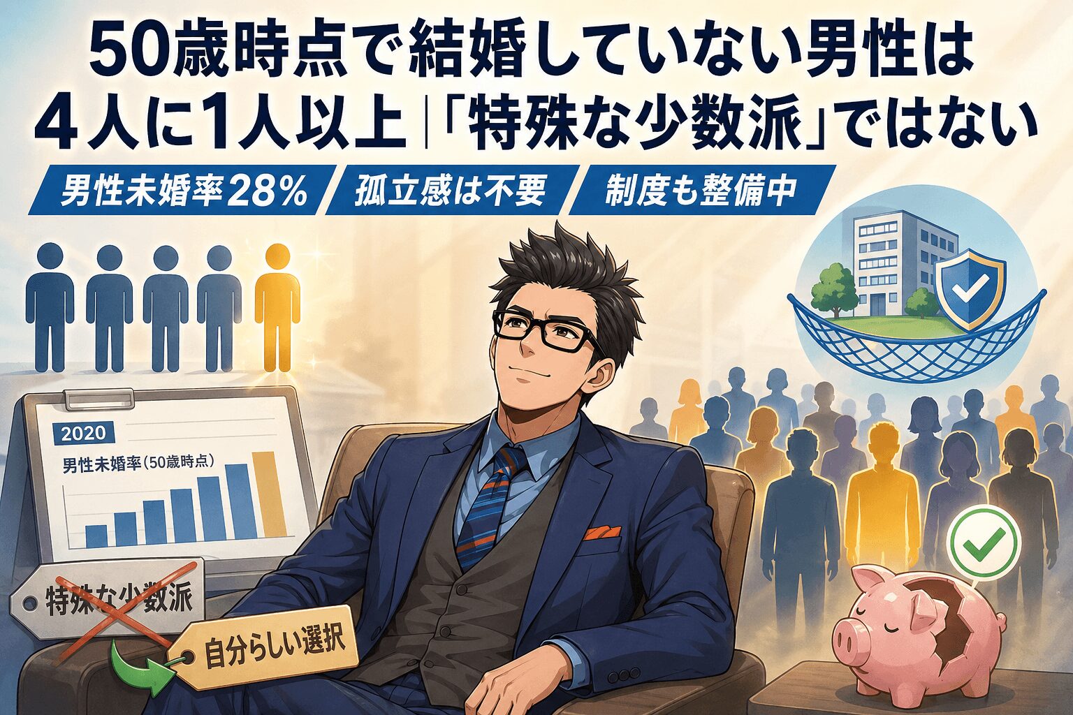 独身は少数派じゃない、4人に1人の現実について男性未婚率28%や孤立感は不要や制度も整備中などの要素を描いたイラスト