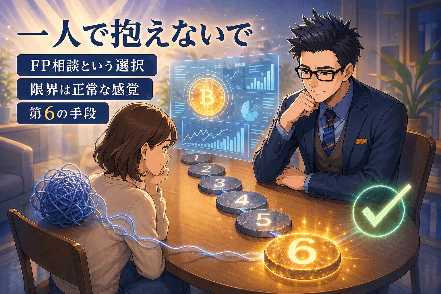 一人で抱えないでについてFP相談という選択や限界は正常な感覚や第6の手段などの要素を描いたイラスト