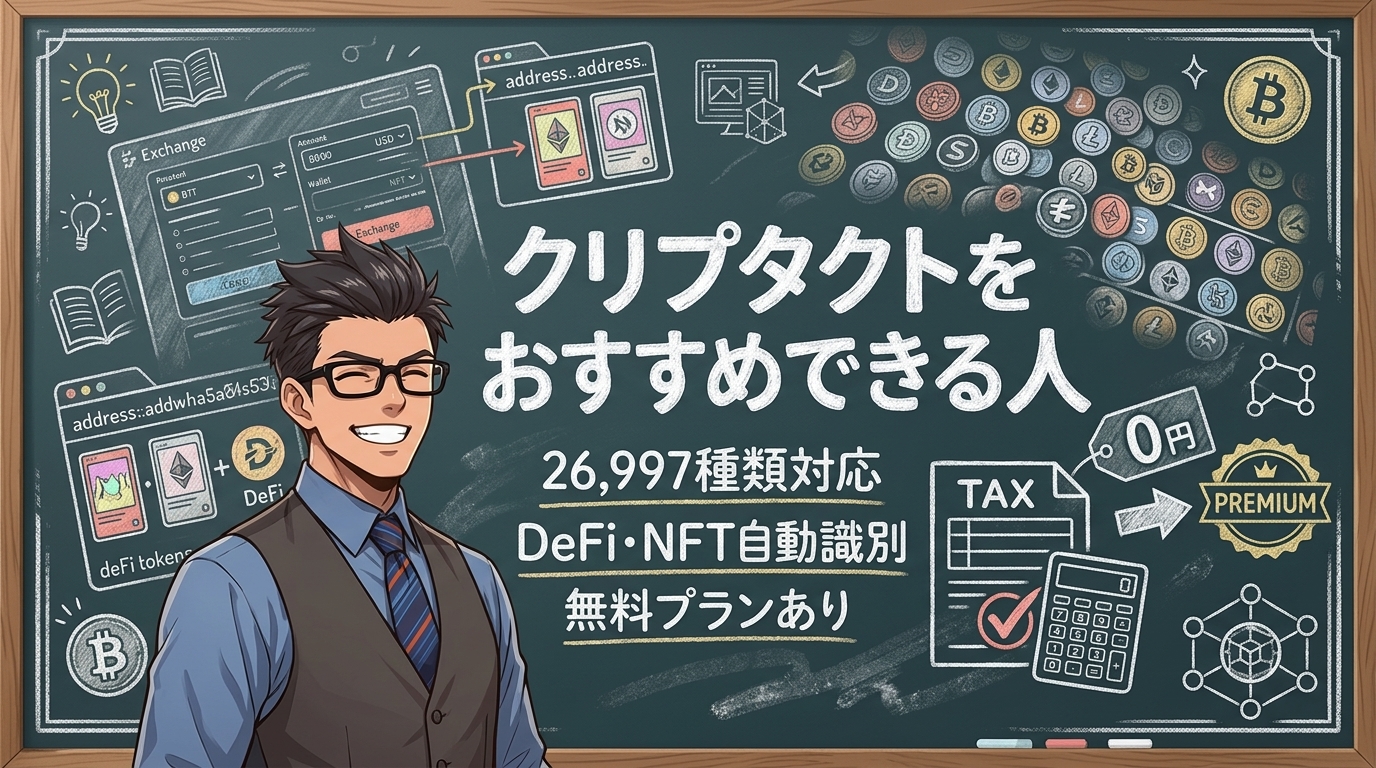 取引所バラバラ問題、これで終わるについて26,997種類対応やDeFi・NFT自動識別や無料プランありなどの要素を描いたイラスト