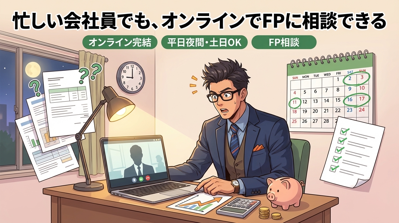 一人で悩まないでについてオンライン完結や平日夜間・土日OKやFP相談などの要素を描いたイラスト