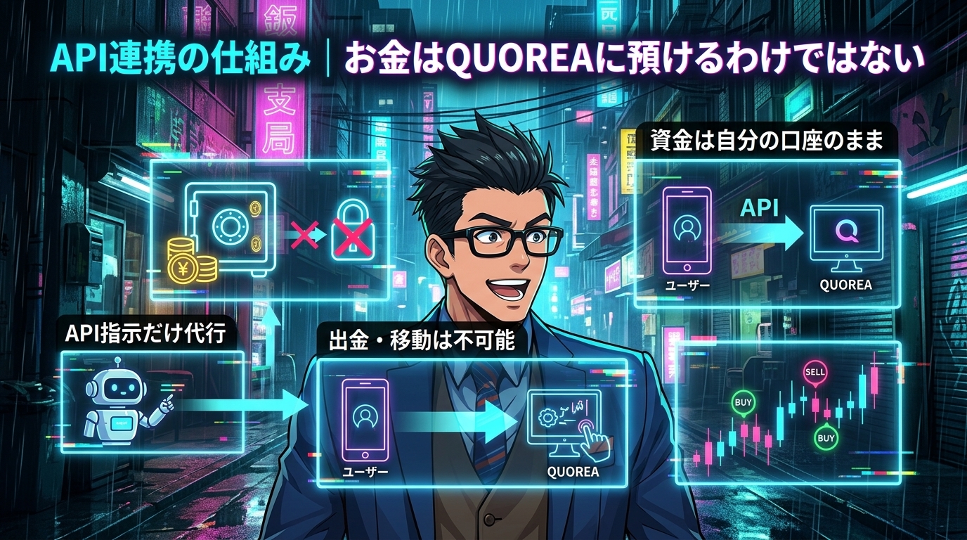 お金を預けないのに自動売買できる仕組みについて資金は自分の口座のままや出金・移動は不可能やAPI指示だけ代行などの要素を描いたイラスト