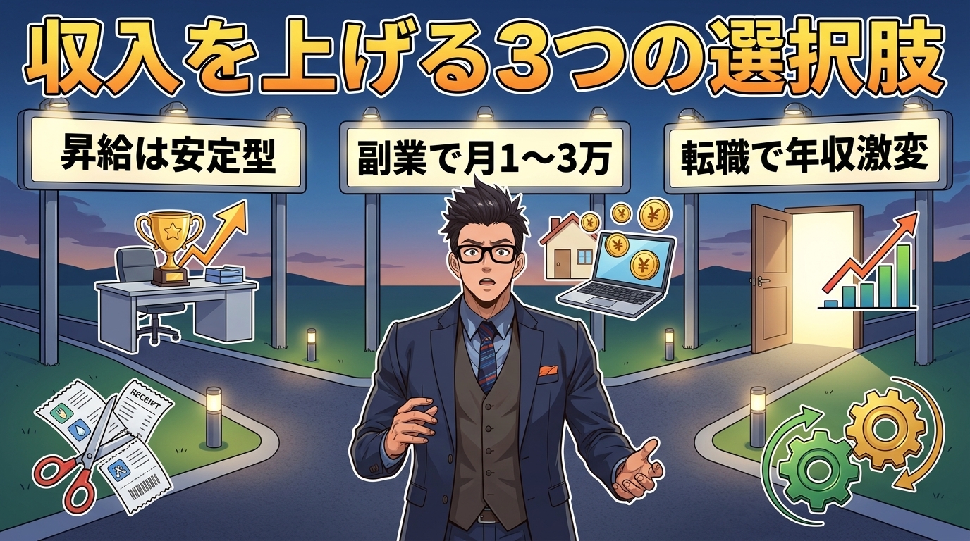 支出を減らしながら収入も上げる両輪思考について昇給は安定型や副業で月1〜3万や転職で年収激変などの要素を描いたイラスト