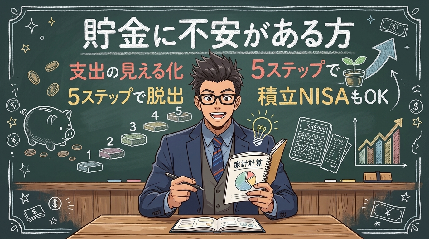 貯金ゼロでも、ここから変われるについて支出の見える化や5ステップで脱出や積立NISAもOKなどの要素を描いたイラスト