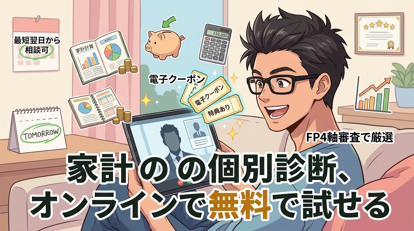 家計相談、家から一歩も出ずにについて最短翌日から相談可や電子クーポン特典ありやFP4軸審査で厳選などの要素を描いたイラスト