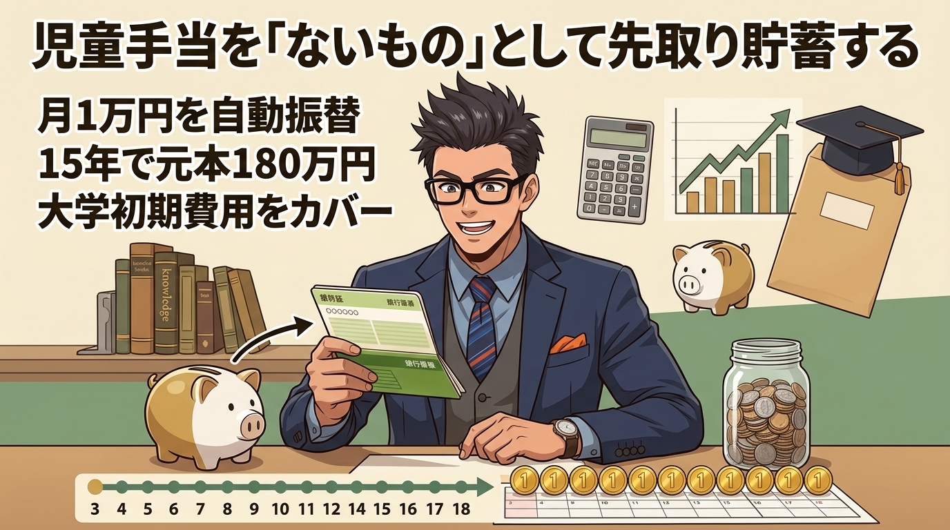 「ないもの」にするだけで180万円貯まるについて月1万円を自動振替や15年で元本180万円や大学初期費用をカバーなどの要素を描いたイラスト