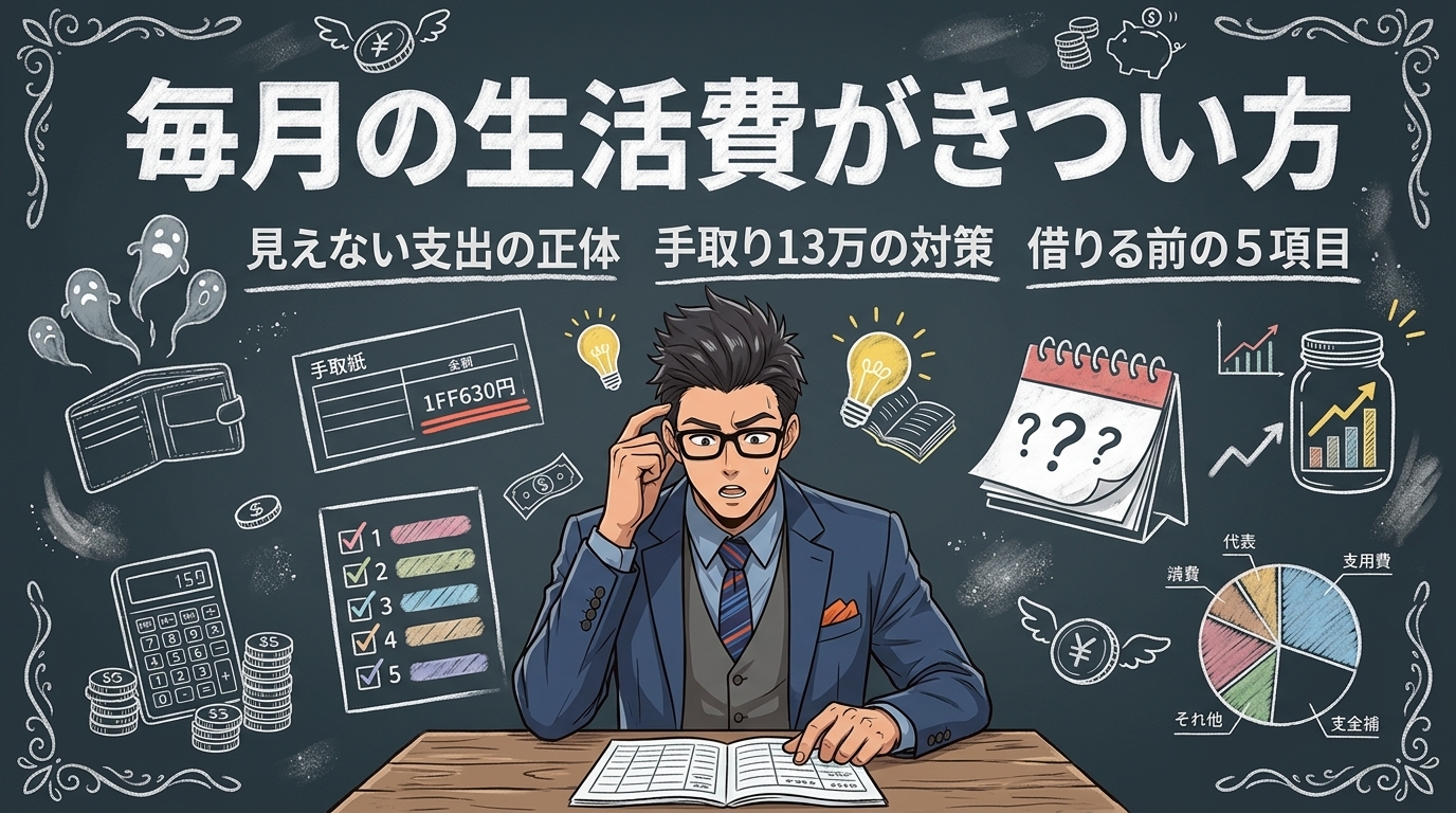 お金が残らない本当の理由、知ってますか?について見えない支出の正体や手取り13万の対策や借りる前の5項目などの要素を描いたイラスト