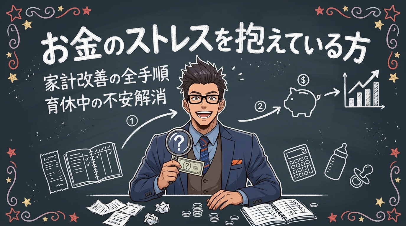 お金の不安、その正体を知れば楽になるについて家計改善の全手順や育休中の不安解消などの要素を描いたイラスト