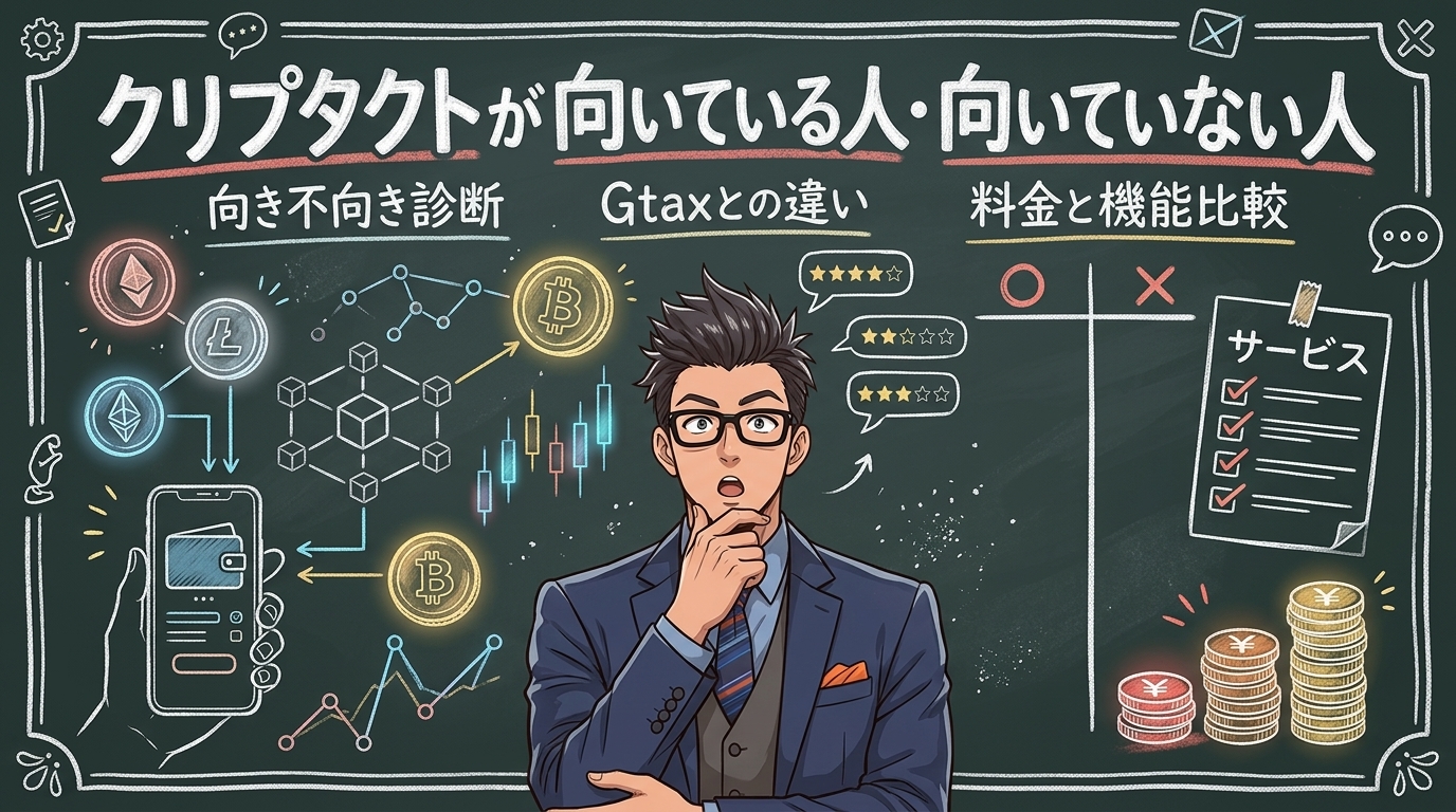 あなたに合う損益計算ツールはどっち?について向き不向き診断やGtaxとの違いや料金と機能比較などの要素を描いたイラスト