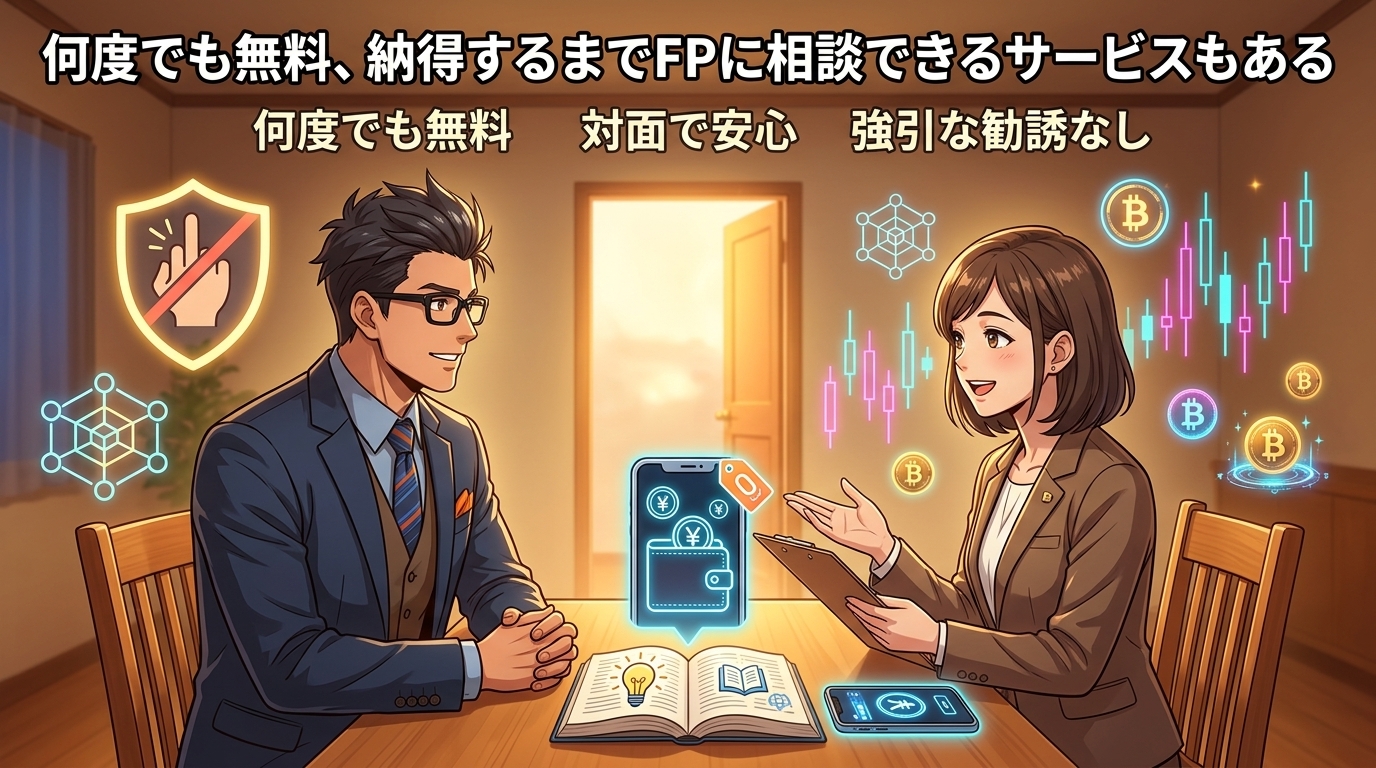 お金の相談、タダで何度でもできるって知ってた?について何度でも無料や対面で安心や強引な勧誘なしなどの要素を描いたイラスト