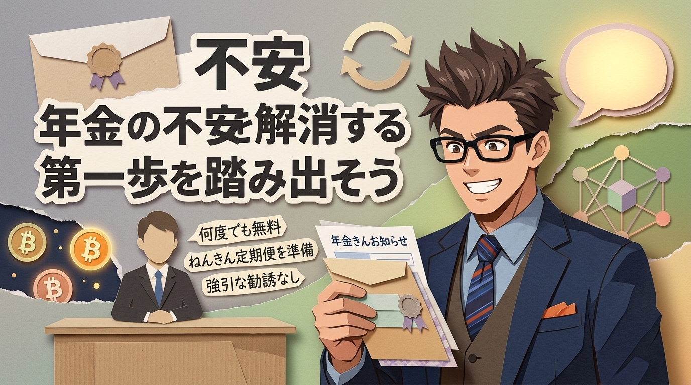 聞くだけで景色が変わるについて何度でも無料やねんきん定期便を準備や強引な勧誘なしなどの要素を描いたイラスト