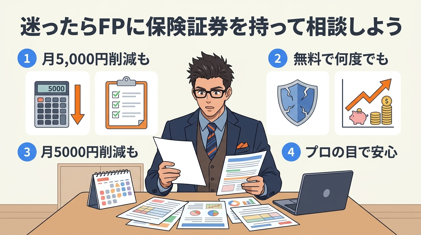 保険証券、広げてみた?について月5,000円削減もや無料で何度でもやプロの目で安心などの要素を描いたイラスト