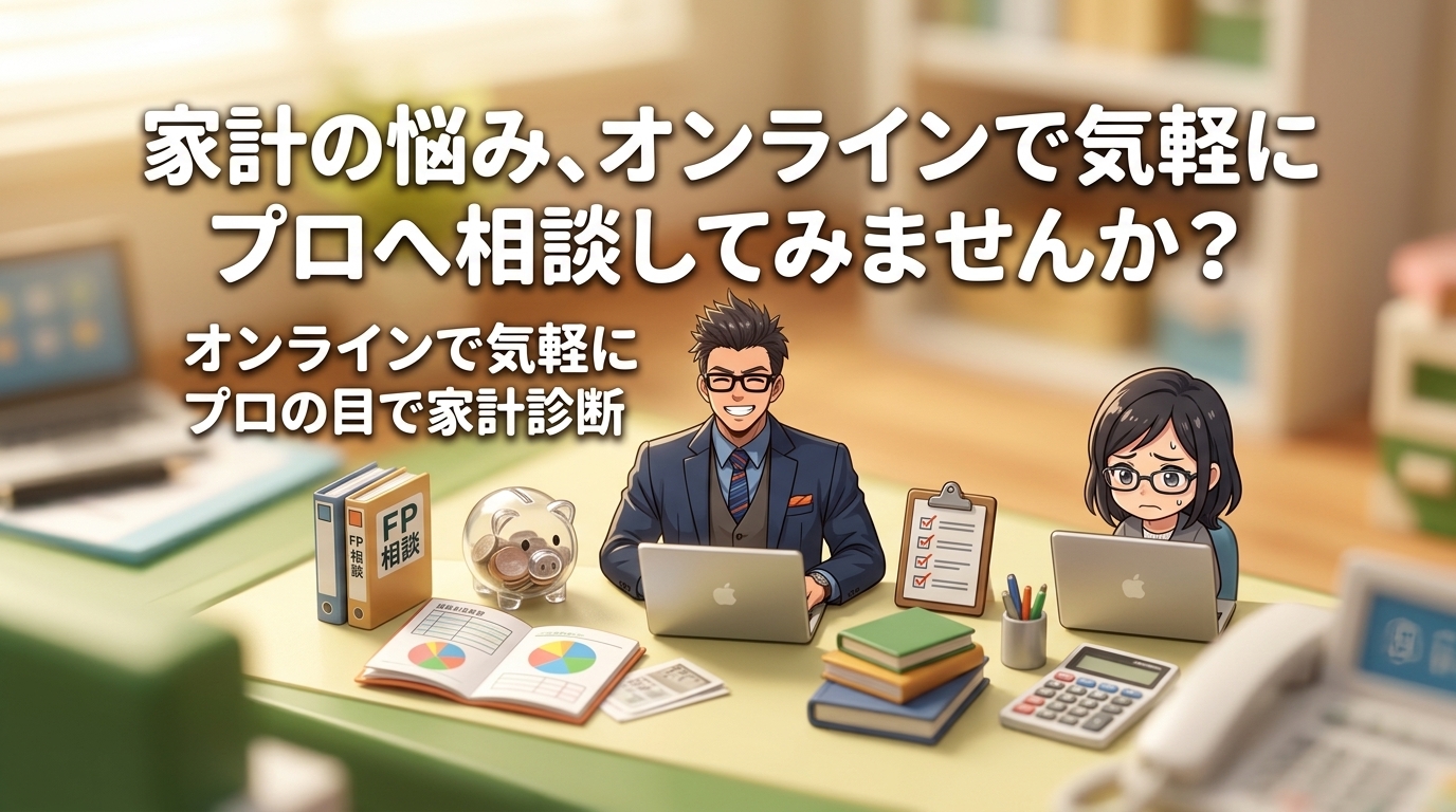 家計のプロ、すぐそこにについてオンラインで気軽にやプロの目で家計診断などの要素を描いたイラスト