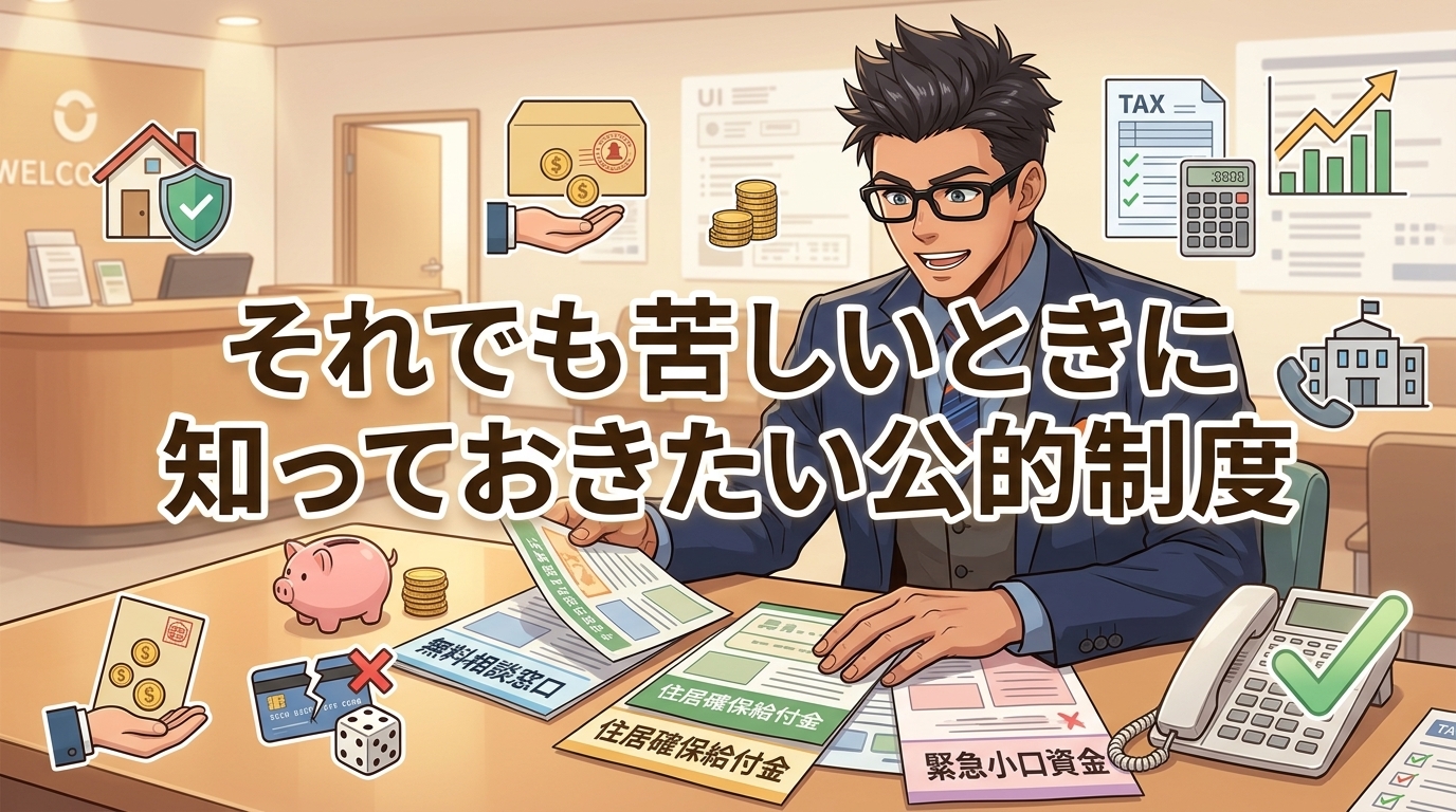 知るだけで救われるについて無料相談窓口や住居確保給付金や緊急小口資金などの要素を描いたイラスト