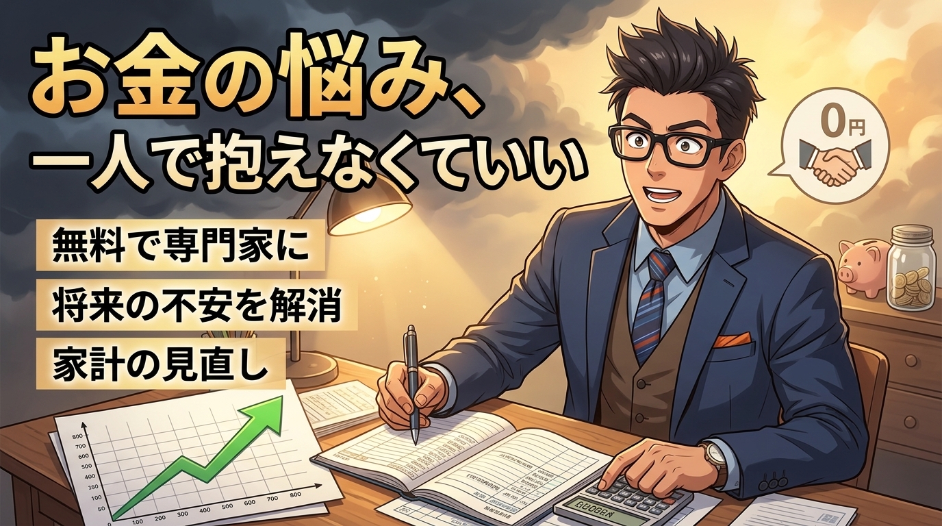 相談だけで変わるについて無料で専門家にや将来の不安を解消や家計の見直しなどの要素を描いたイラスト