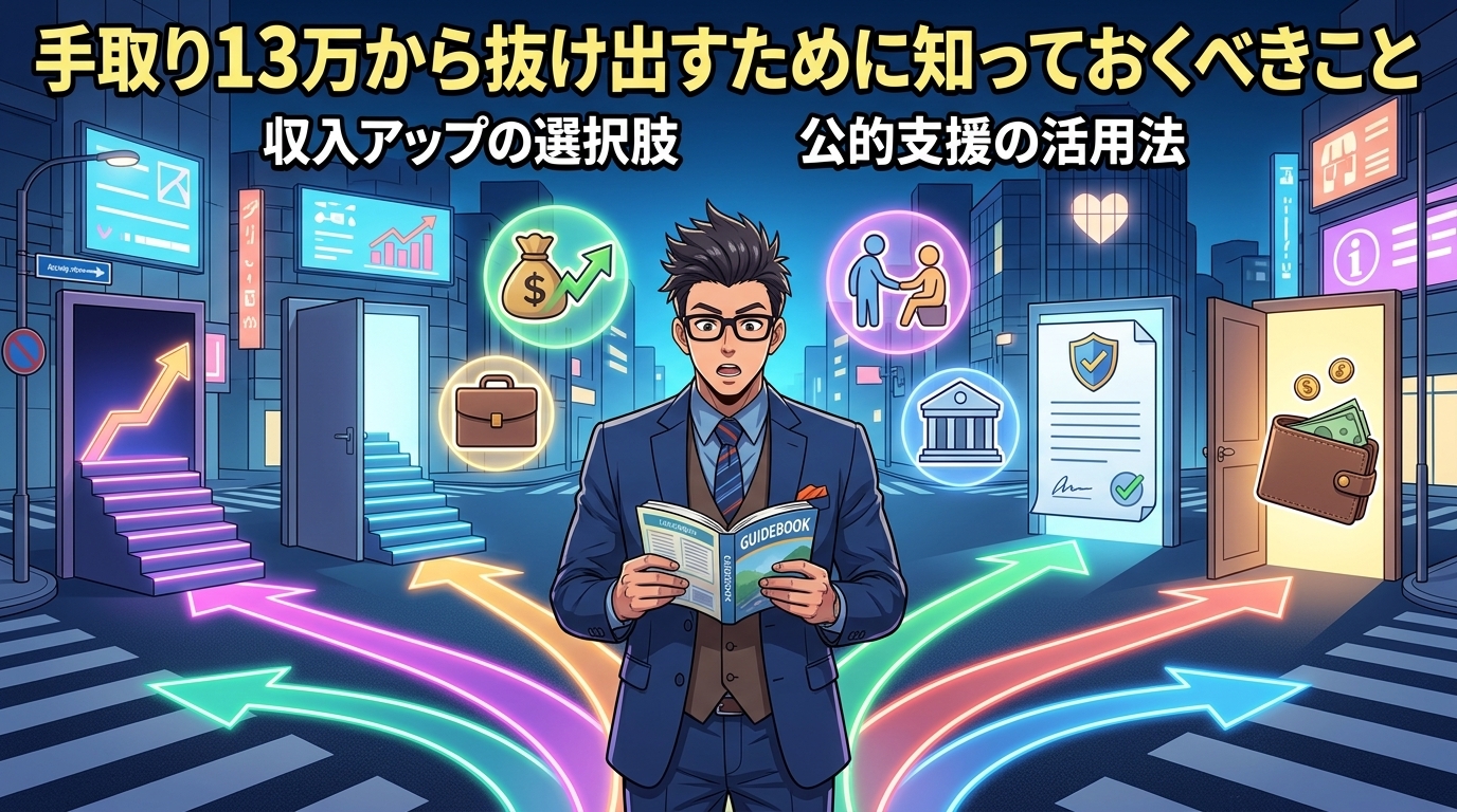 収入を上げる道は、一つじゃないについて収入アップの選択肢や公的支援の活用法などの要素を描いたイラスト