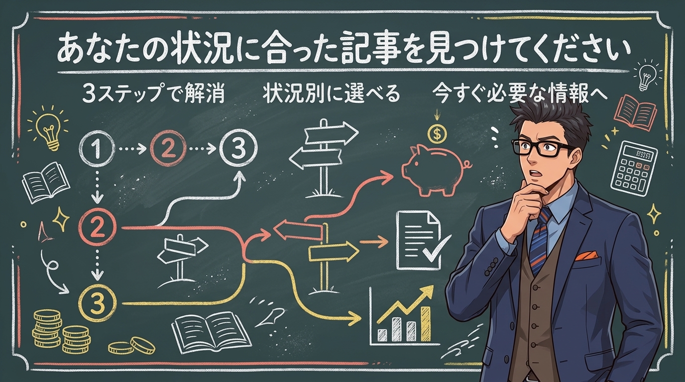 お金の不安、どこから読めばいい?について3ステップで解消や状況別に選べるや今すぐ必要な情報へなどの要素を描いたイラスト