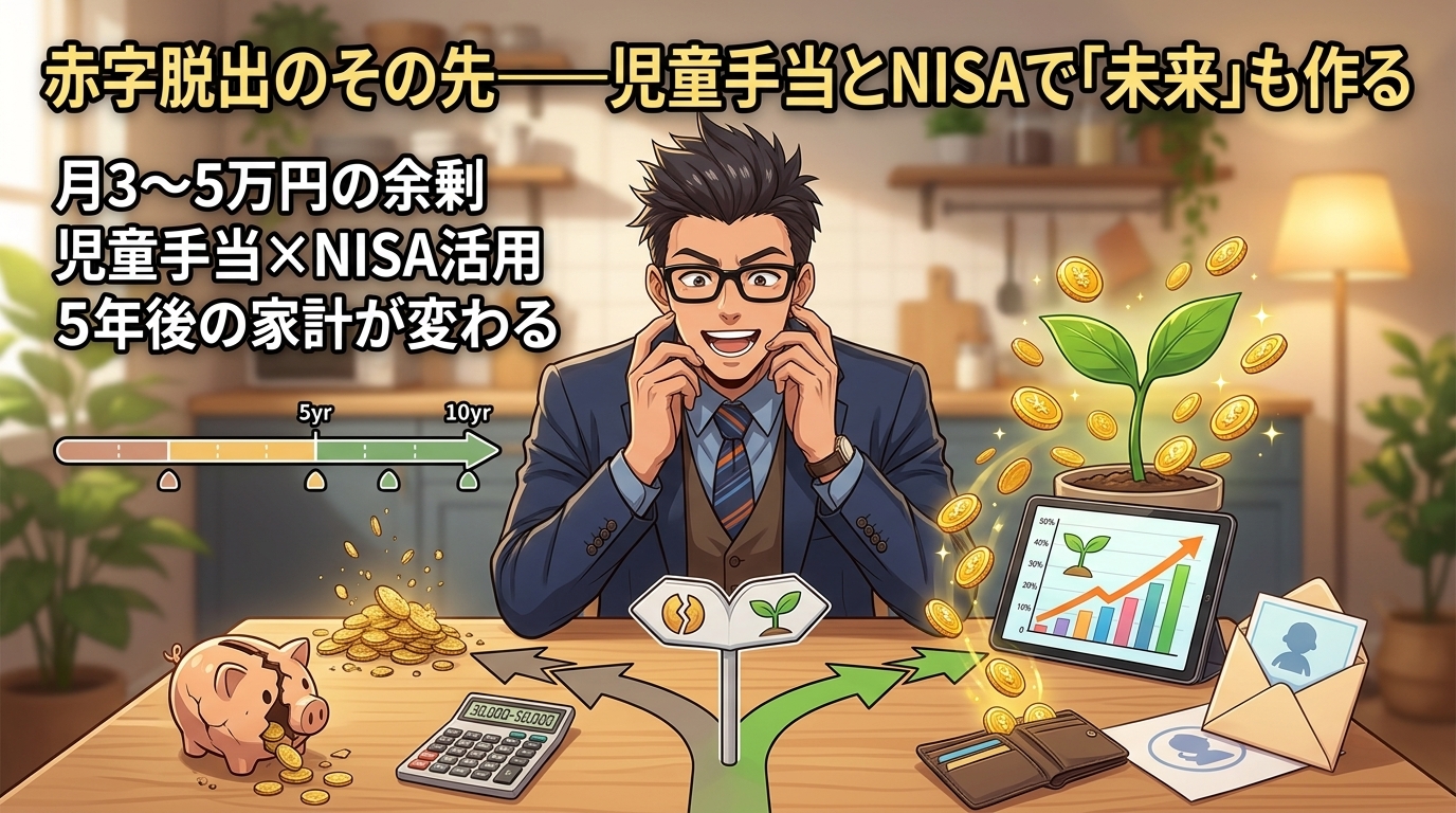 浮いたお金、溶かすか育てるかについて月3〜5万円の余剰や児童手当×NISA活用や5年後の家計が変わるなどの要素を描いたイラスト