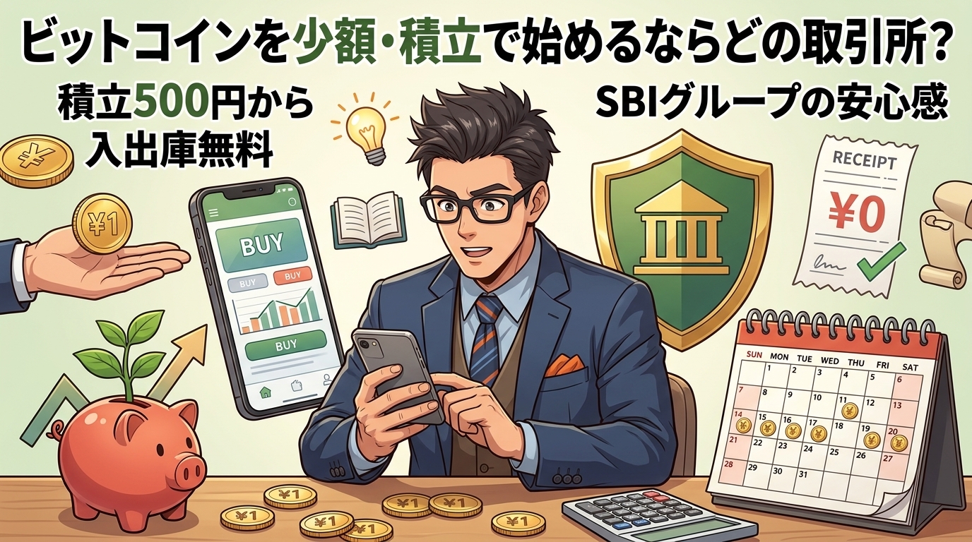 1円から始める堅実投資について積立500円からや入出庫無料やSBIグループの安心感などの要素を描いたイラスト