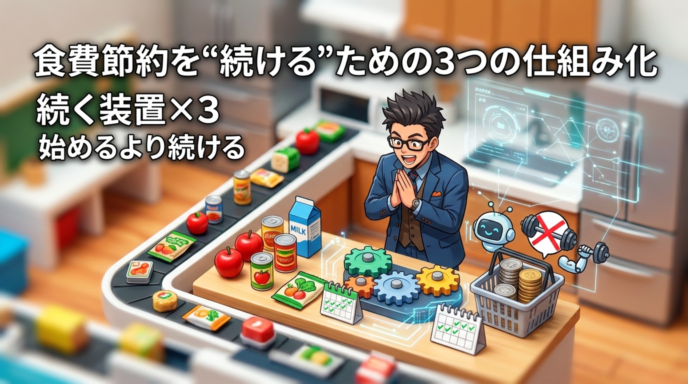 根性より仕組みについて続く装置×3や始めるより続けるなどの要素を描いたイラスト