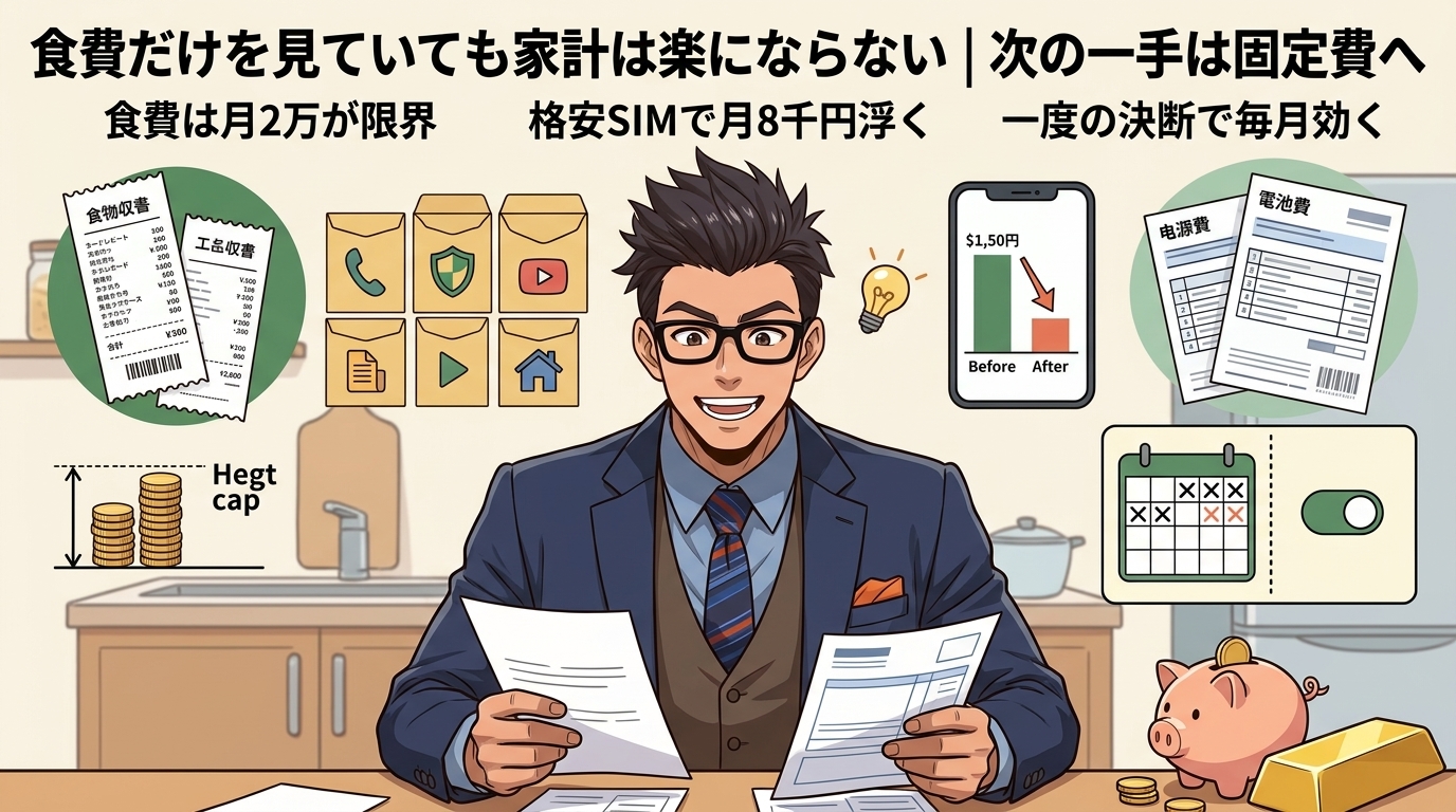 本丸は固定費について食費は月2万が限界や格安SIMで月8千円浮くや一度の決断で毎月効くなどの要素を描いたイラスト