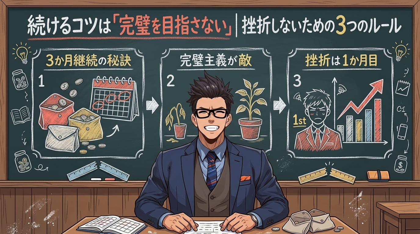 完璧じゃなくていいについて3か月継続の秘訣や完璧主義が敵や挫折は1か月目などの要素を描いたイラスト