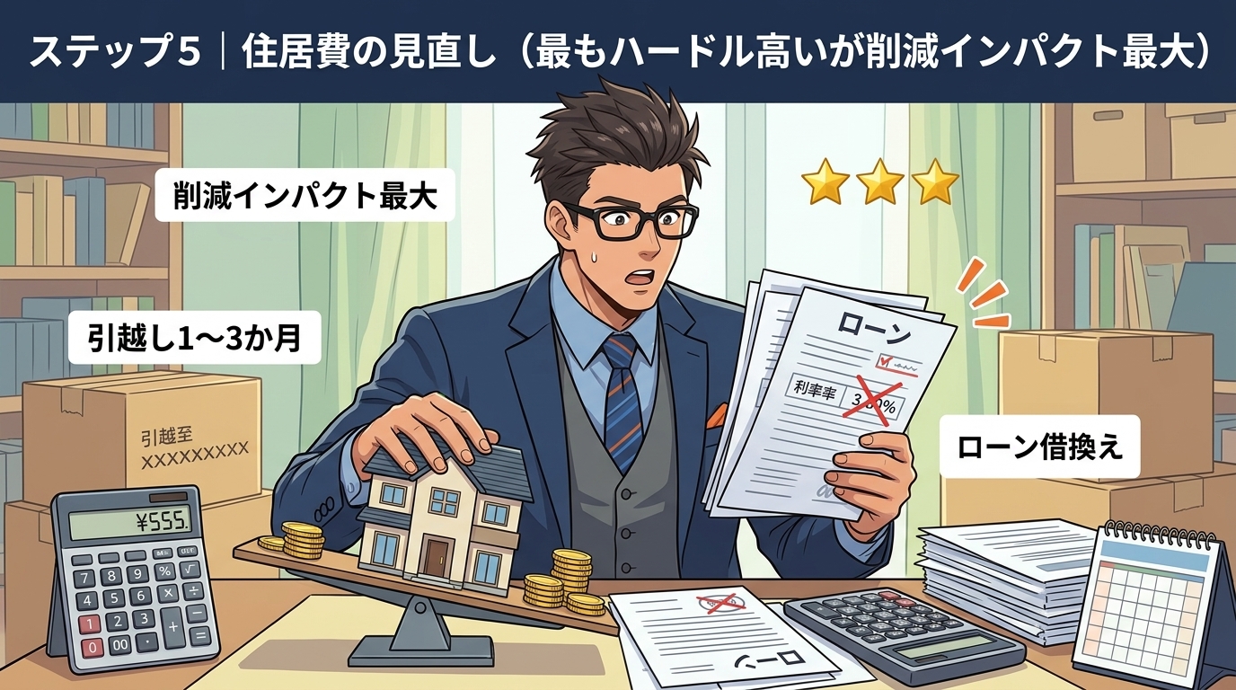 住居費が最強の節約術について削減インパクト最大や引越し1〜3か月やローン借換えなどの要素を描いたイラスト