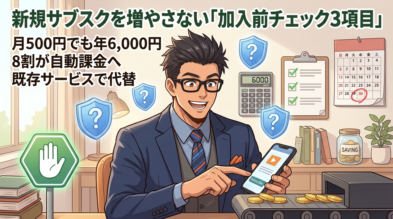 その課金、1年後も納得できる?について月500円でも年6,000円や8割が自動課金へや既存サービスで代替などの要素を描いたイラスト