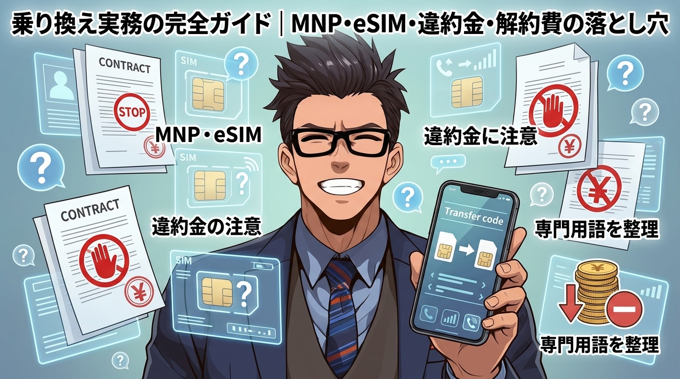 乗り換えの落とし穴についてMNP・eSIMや違約金に注意や専門用語を整理などの要素を描いたイラスト