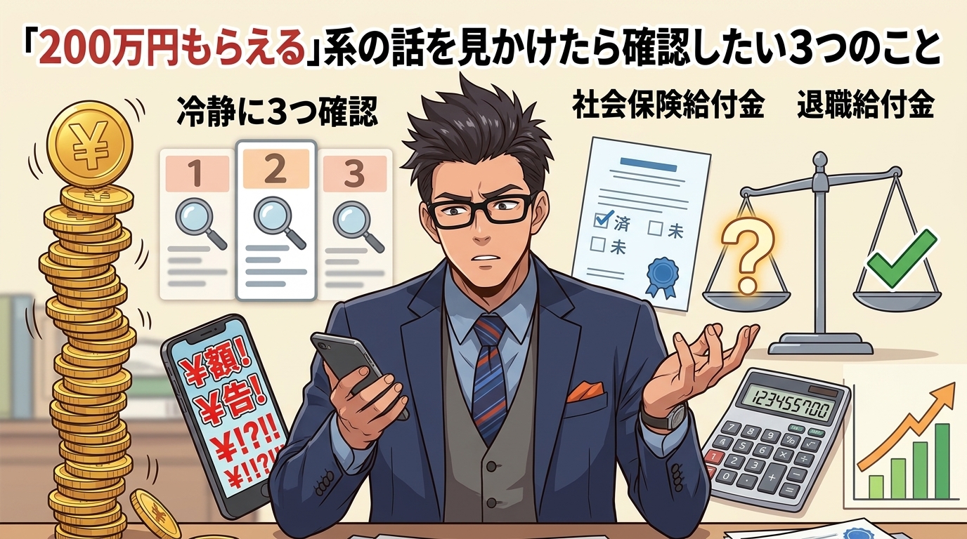 その話、本当?について冷静に3つ確認や社会保険給付金や退職給付金などの要素を描いたイラスト