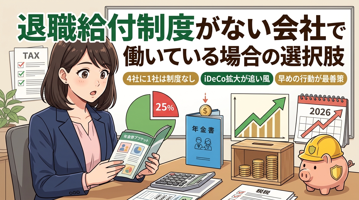 退職金ゼロからの備えについて4社に1社は制度なしやiDeCo拡大が追い風や早めの行動が最善策などの要素を描いたイラスト