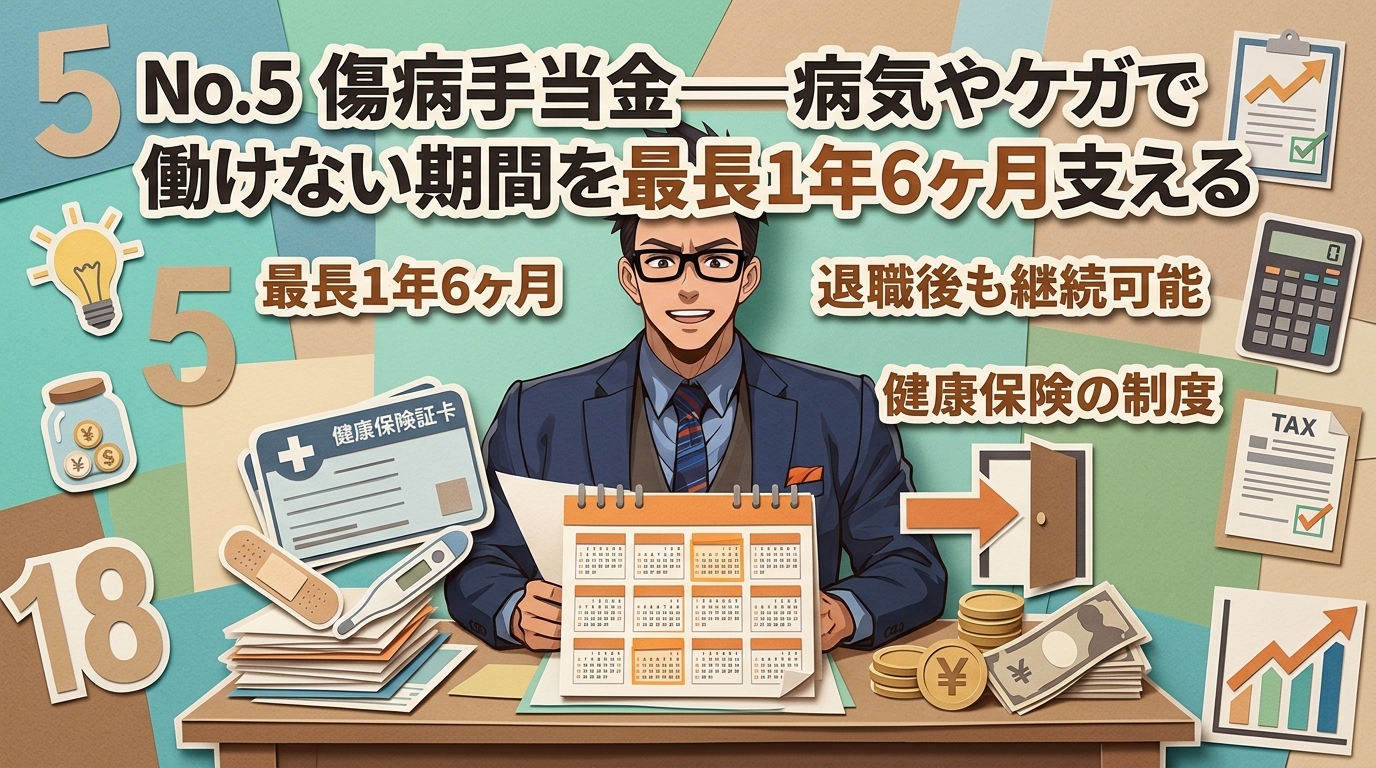 働けない不安に備えるについて最長1年6ヶ月や退職後も継続可能や健康保険の制度などの要素を描いたイラスト