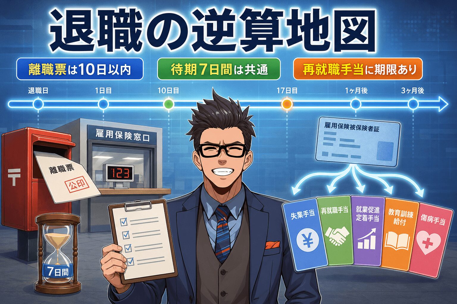 退職の逆算地図について離職票は10日以内や待期7日間は共通や再就職手当に期限ありなどの要素を描いたイラスト