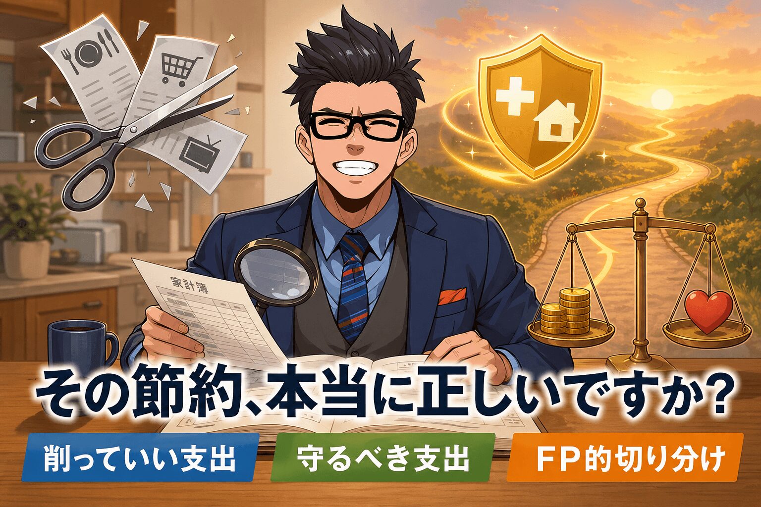 その節約、本当に正しいですか?について削っていい支出や守るべき支出やFP的切り分けなどの要素を描いたイラスト