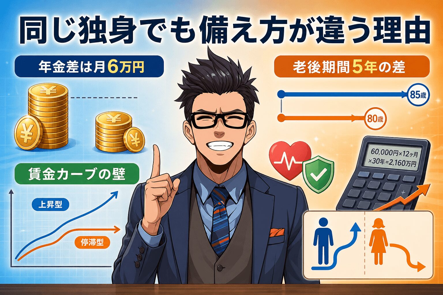同じ独身でも備え方が違う理由について年金差は月6万円や老後期間5年の差や賃金カーブの壁などの要素を描いたイラスト