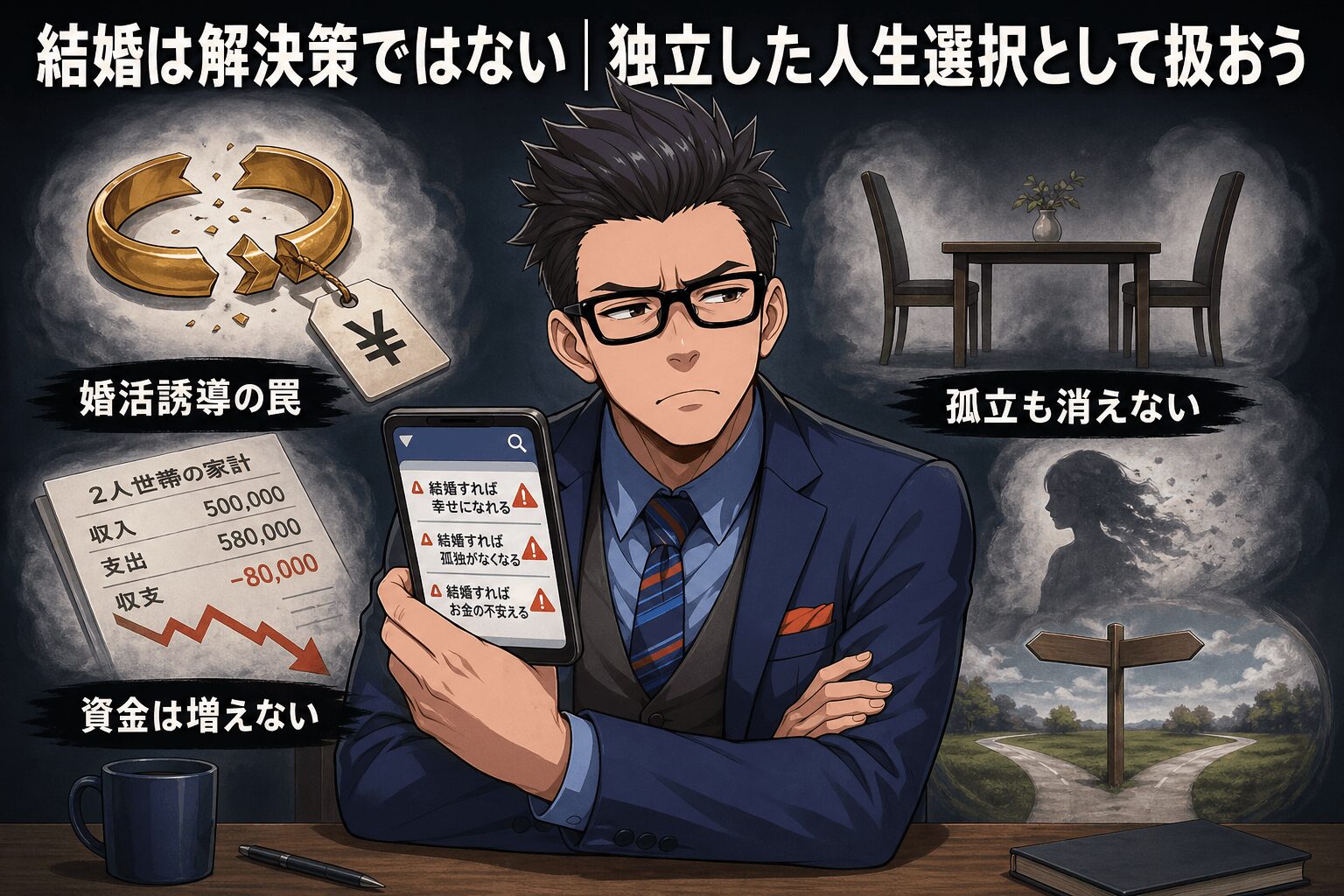 結婚しても老後は救われないについて婚活誘導の罠や資金は増えないや孤立も消えないなどの要素を描いたイラスト
