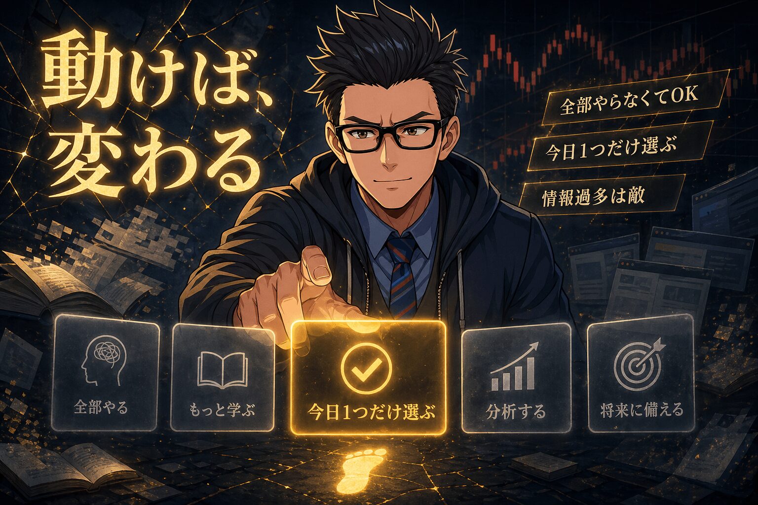 動けば、変わるについて全部やらなくてOKや今日1つだけ選ぶや情報過多は敵などの要素を描いたイラスト